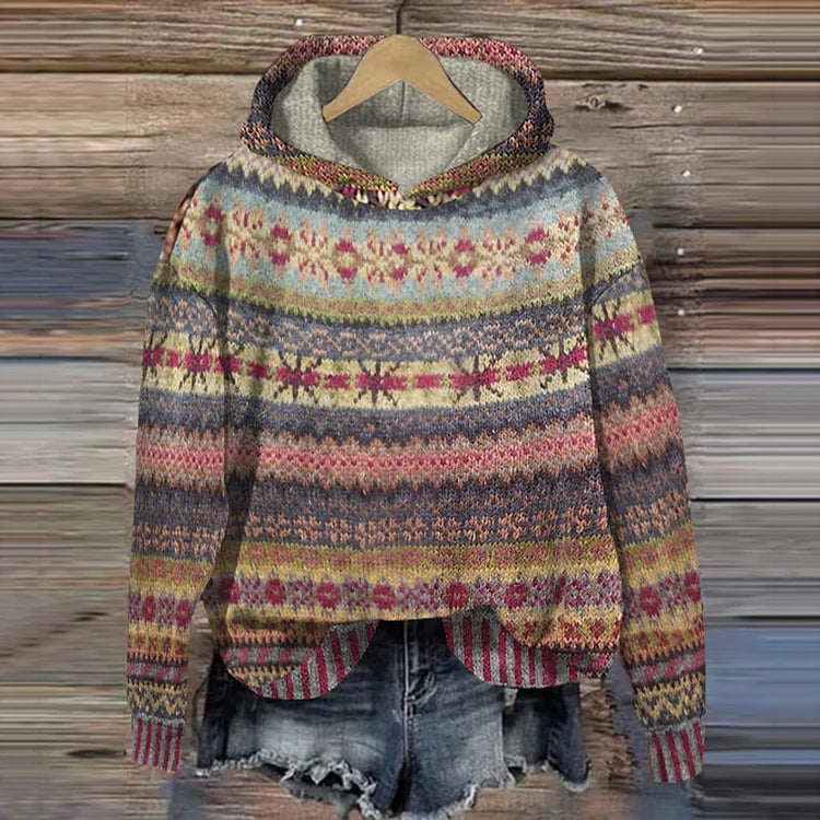 Gebreide dames hoodie in boho stijl met kleurrijk patroon, ideaal voor een trendy en comfortabele look.