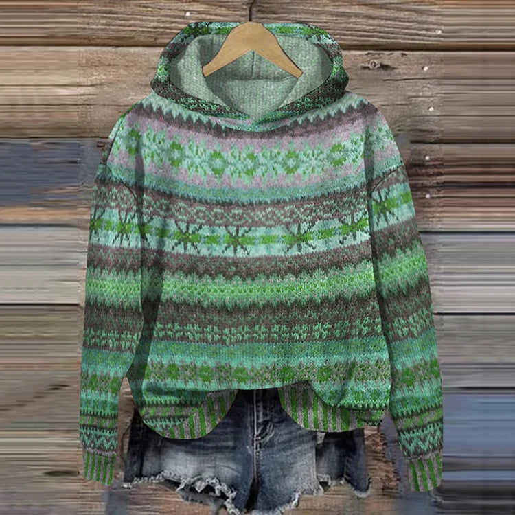 Gebreide dames hoodie in boho stijl met kleurrijk patroon, ideaal voor een trendy en comfortabele look.