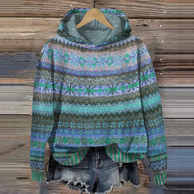 Gebreide dames hoodie in boho stijl met kleurrijk patroon, ideaal voor een trendy en comfortabele look.