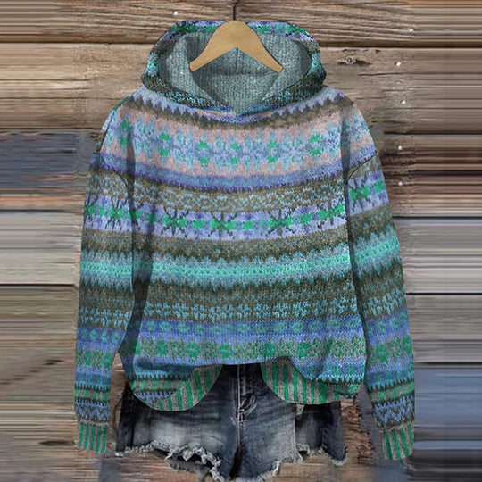 Gebreide dames hoodie in boho stijl met kleurrijk patroon, ideaal voor een trendy en comfortabele look.