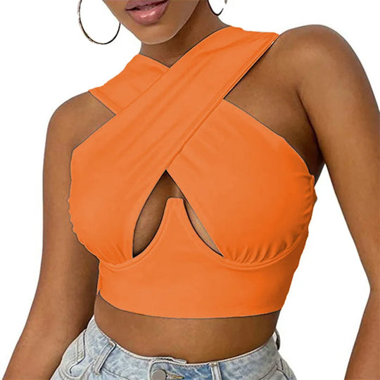 Livia | Mouwloze cropped top met gekruist design voor dames | Oranje