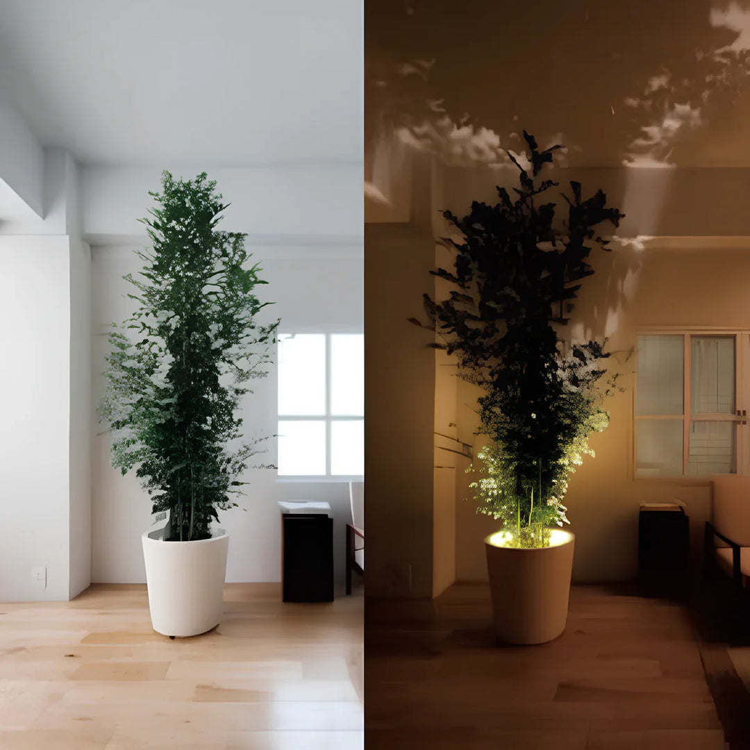 Keukenplank met planten en accessoires onder helder LED-licht.
