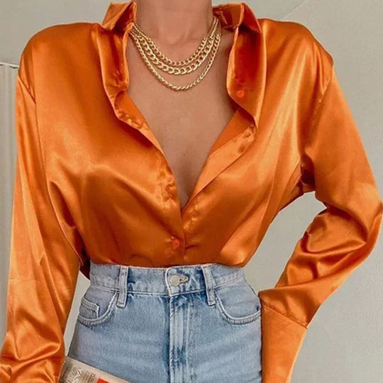 Sophie | Dames Satijnen Blouse met Lange Mouwen | Oranje