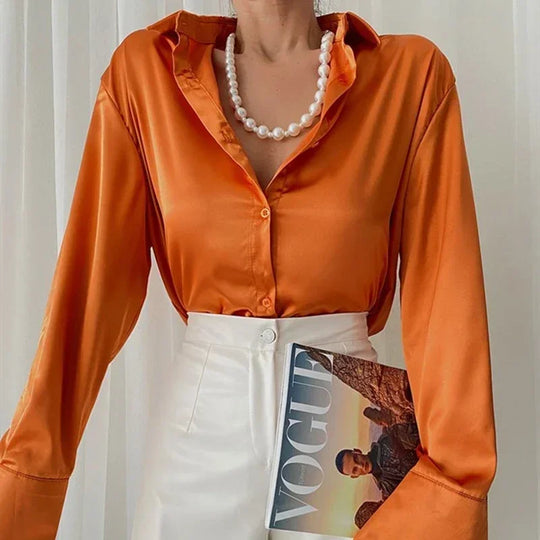 Sophie | Dames Satijnen Blouse met Lange Mouwen | Oranje