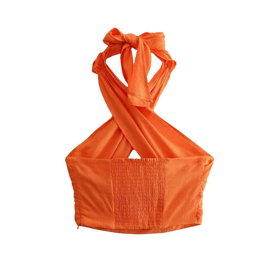 Mira | Korte haltertop met gekruist design voor dames | Oranje