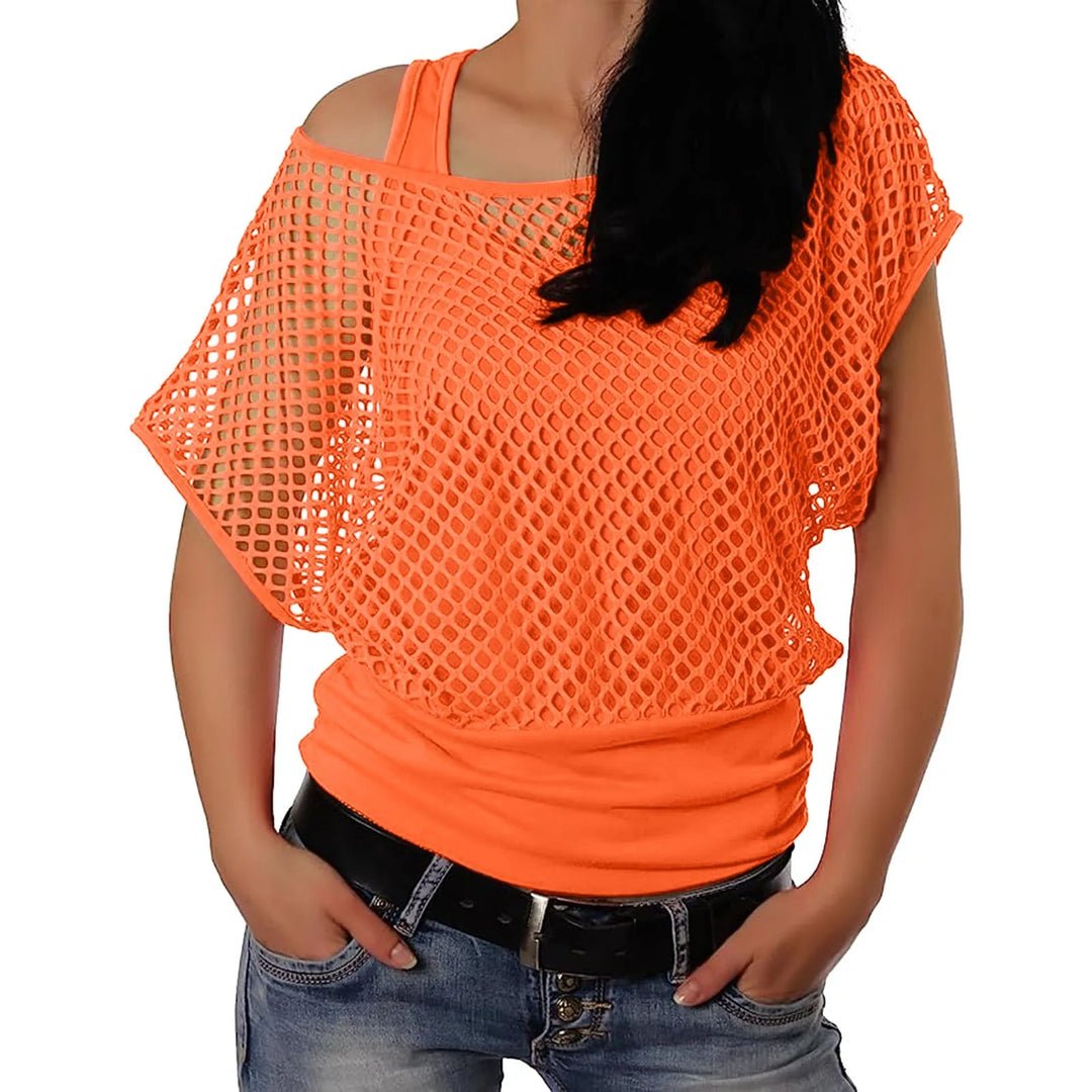 Lina | Vrouwen Mesh Off-Shoulder T-shirt | Oranje