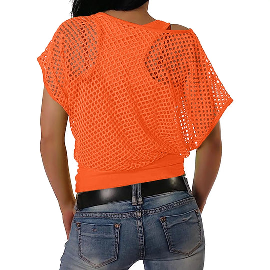 Lina | Vrouwen Mesh Off-Shoulder T-shirt | Oranje