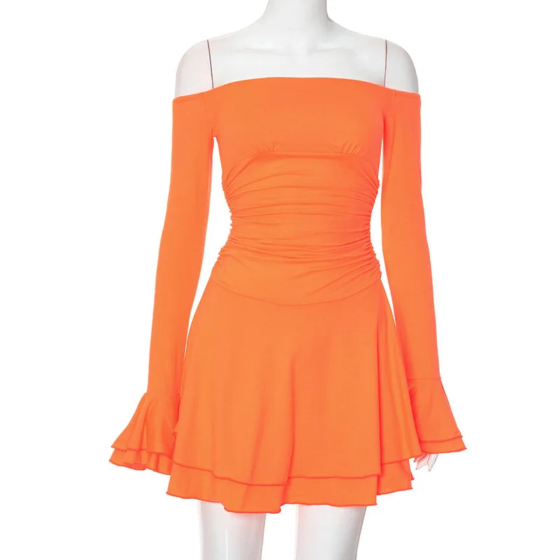 Celina | Off-shoulder mini-jurk met lange mouwen | Oranje