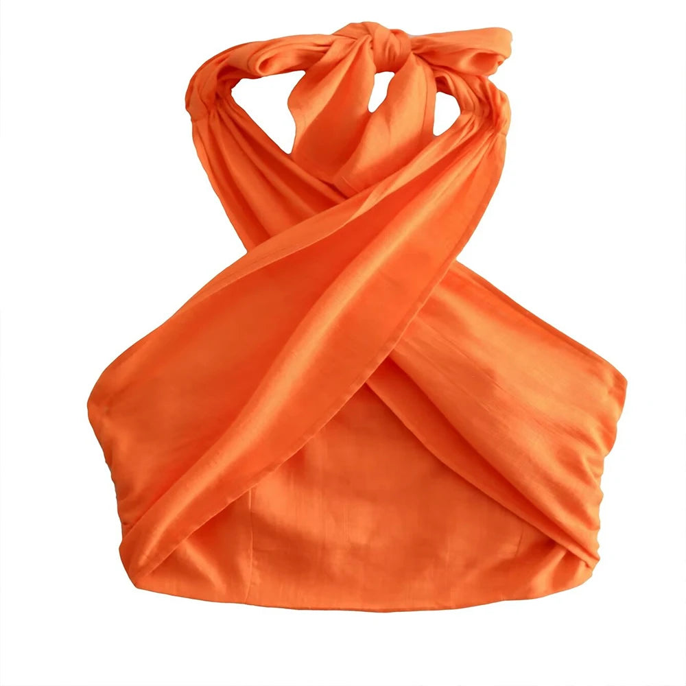 Mira | Korte haltertop met gekruist design voor dames | Oranje