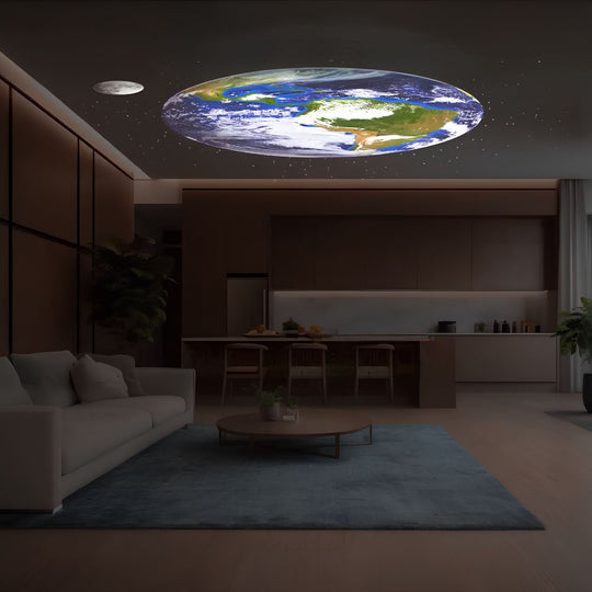 Astronomisch thema met melkwegprojectie in een donkere kamer.
